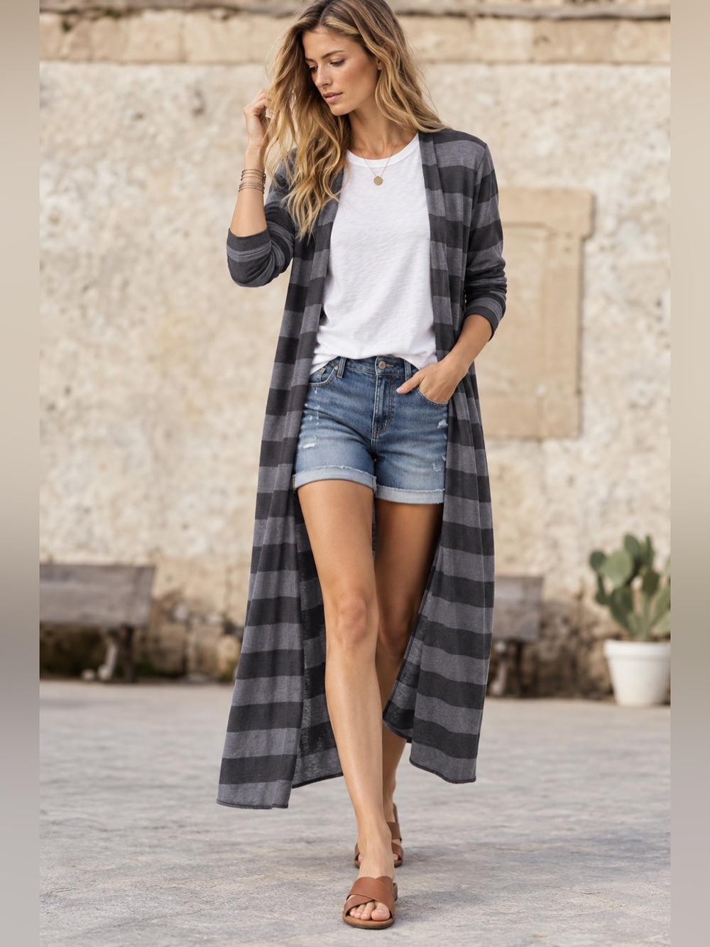 Garnet Hill 100% Linen Long Duster Open Front Cardigan Medium Gray Stripes Boho